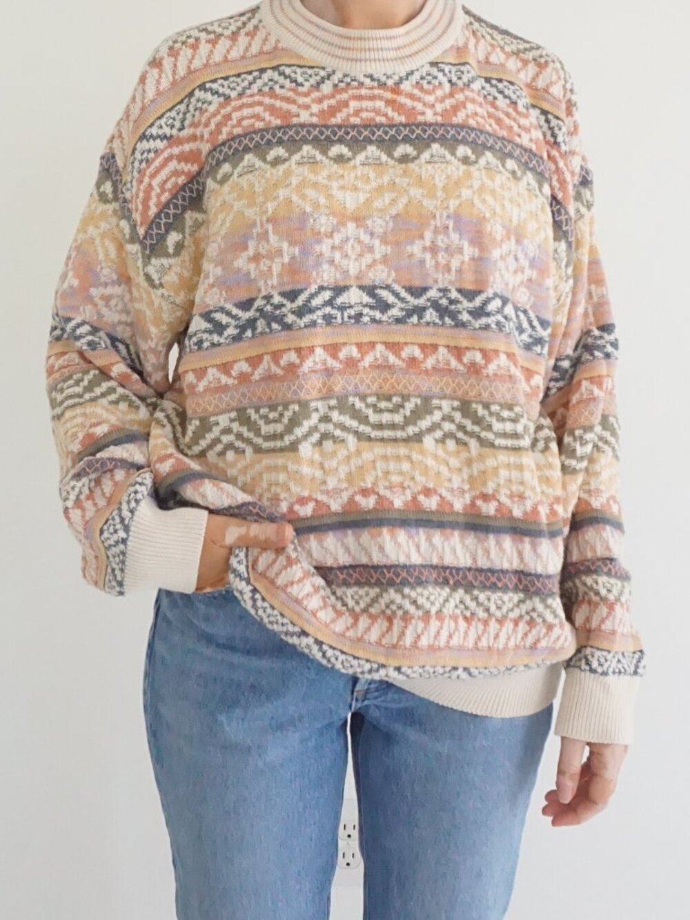 Vintage Cream Peach Fair Isle Nordic Geometric Textured Knit Sweater XL